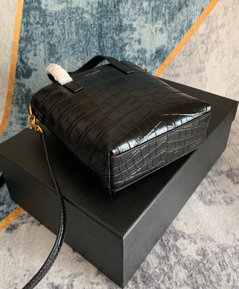 Saint Laurent Paris Mini Toy Shopping In Crocodile-Embossed Leather Black